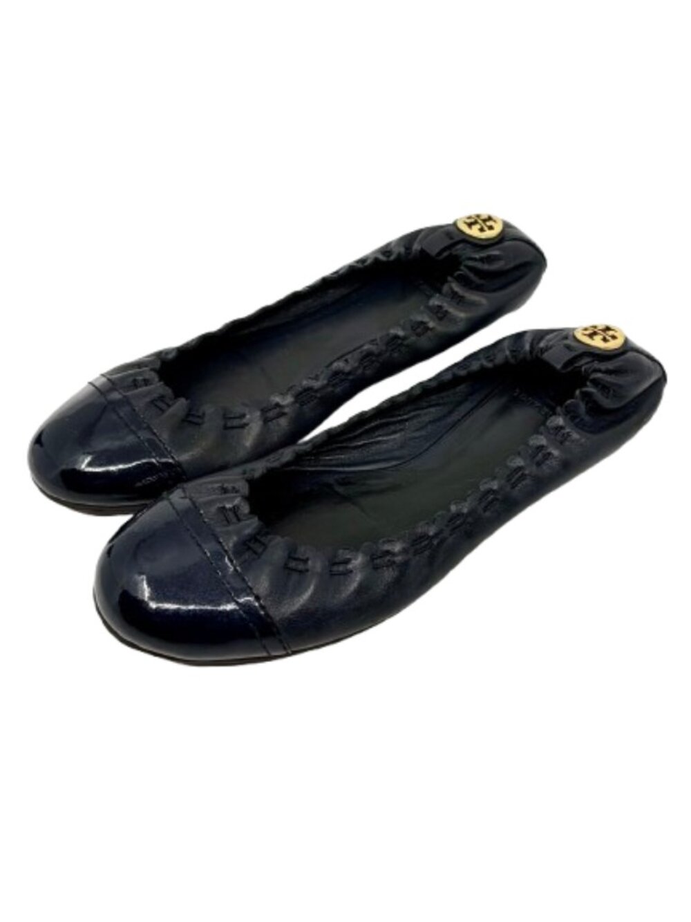 TORY BURCH~Abbey Cap Toe~BLACK LEATHER BALLET FLATS SHOES Size 7.5